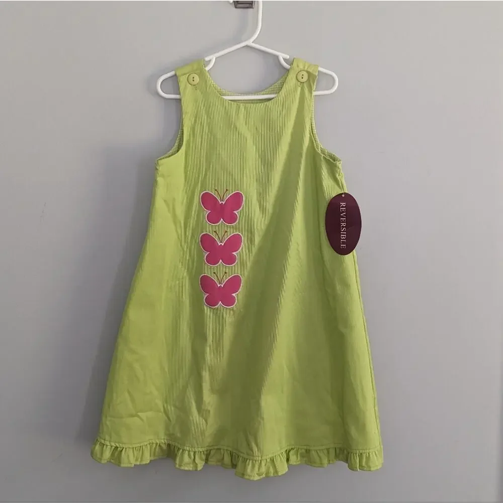 NEW Vintage Girl's 5 Mulberry Street Reversible Green Dress Floral Gingham FLAW